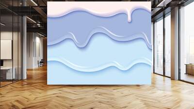 Blue and white liquid substance border. Vector realistic illustration of melting ice cream or yogurt flow, 3d color paint splash, sweet icing drops pouring down dessert cake, nail polish texture Wall mural