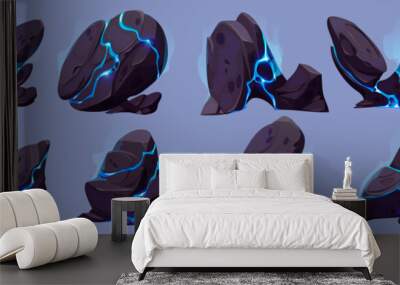 Blue cartoon rock boulder with smoke from glow crack set. Vector neon spark and mist texture in big granite broken stone element. Rough, heavy and cracked mysterious substance geology object design. Wall mural