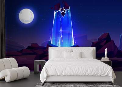 Blue magic portal on fantasy space game landscape background. Adventure on alien planet with ancient rock and stone scene in desert with moon and cliff. 2d futuristic hologram teleport with neon light Wall mural