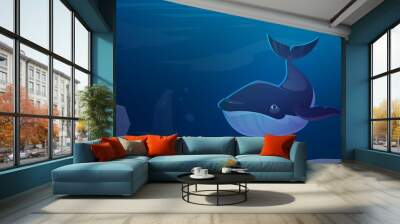 Blue whale swim in ocean space with rocks around. Marine animal, wildlife creature in sea environment, fauna species, underwater life, ecology conservation, save planet, Cartoon vector illustration Wall mural