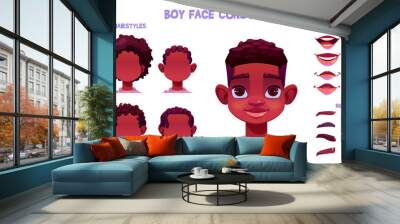 Boy face construction, child african creation with head parts isolated on white background. Vector cartoon set of black skin kid face generator with eyes, noses, hairstyles, brows and lips Wall mural