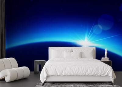 Bright light on dark planet horizon. Vector realistic illustration of blue space galaxy with starry night sky, sun shining behind earth, cosmos exploration game background, science fiction backdrop Wall mural