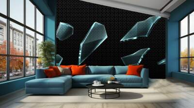 Broken glass shatter and piece. Realistic vector illustration set of explode mirror shard fragment. flying transparent sharp debris elements of smithereens beaten crystal or ice on dark background. Wall mural