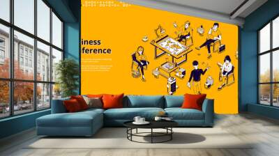 Business conference banner. Training, seminar and meeting for professional learning and communication. Vector landing page of team education in company with isometric people and speaker in office Wall mural