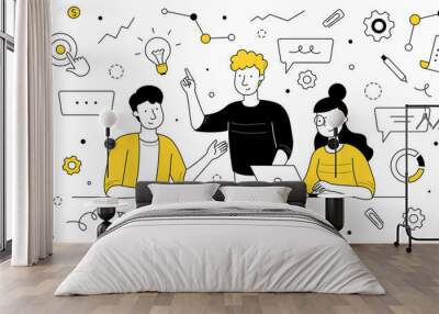 Business people teamwork, meeting doodle concept. Colleagues team develop idea work together thinking creative solution with infographic icons around. Brainstorm in office Line art vector illustration Wall mural