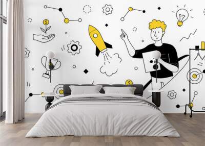 Business startup, project launch, successful idea presentation doodle concept with businessman and flying rocket with infographic icons around. Goal achievement, boost Linear vector illustration Wall mural