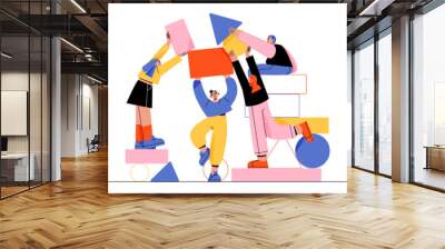 Business teambuilding, partnership and cooperation concept with happy people with abstract geometric shapes. Teamwork process, brainstorm and creative communication, vector illustration Wall mural