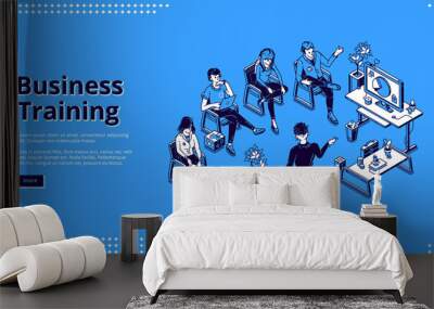 Business training isometric landing page. Corporate education, development, meeting, teamwork, improving professional skills concept . Tutor presentation and students, 3d vector line art web banner Wall mural