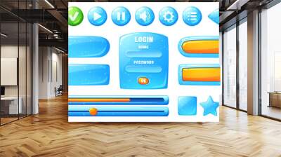 Buttons with blue jelly texture for user interface design in game. Vector cartoon set of ui elements from water with bubbles, check box, stop, play and pause buttons and login frame Wall mural