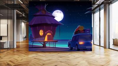 Car travel to beach house for vacation at night. Palm tree and hut on tropical island panorama scene. Holiday journey to ocean in evening. Starry sky and full moon light environment at midnight Wall mural