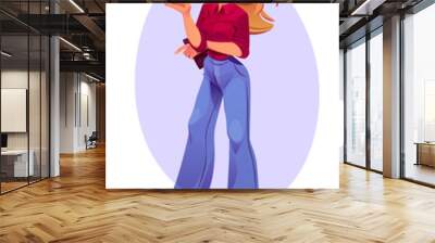 Cartoon beautiful girl with blonde hair wear trendy burgundy colored shirt, wide blue jeans and pink shoes on white background. Young attractive woman portrait, game personage Vector illustration Wall mural