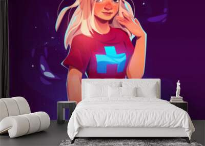 Cartoon beautiful girl with blonde hair wear trendy t-shirt and tight pants on purple background with mystic light and glowing haze. Young attractive woman portrait. game personage Vector illustration Wall mural