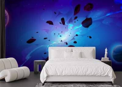 Cartoon blue space background with glowing galaxy nebula and flying rocks and planets in dark starry sky. Birth of new star, explode in universe. Fantasy alien world, cosmos view, Vector illustration Wall mural