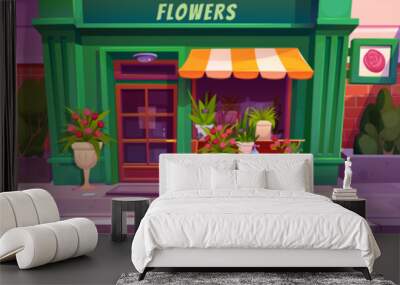 Cartoon flower shop facade in city street. Vector illustration of urban floral boutique, gift storefront with retro door, striped tent above window, flowerpots and bunch of roses in vase on shelf Wall mural