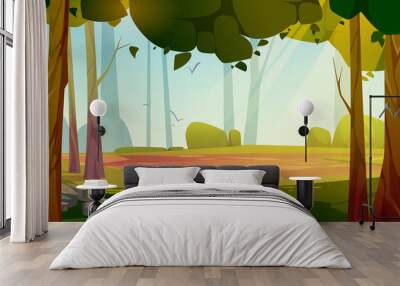 Cartoon forest background, nature landscape with deciduous trees, moss on rocks, grass, bushes and sunlight spots on ground. Scenery summer or spring wood parallax natural scene, Vector illustration Wall mural