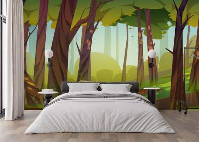 Cartoon forest background, nature landscape with deciduous trees, moss on trunks and rocks, green grass, bushes and sunlight spots on ground. Scenery view, summer or spring wood vector illustration Wall mural