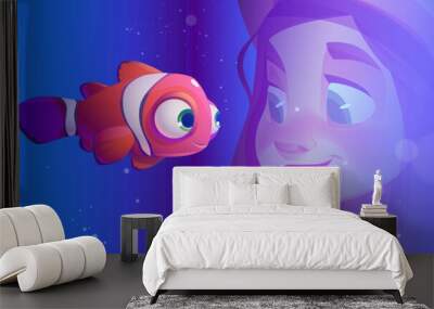 Cartoon girl looking at fish in aquarium. Vector illustration of curious child face smiling at cute clownfish swimming in water. Schoolgirl exploring underwater world and marine animal. Pet care Wall mural