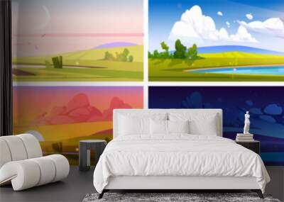 Cartoon nature landscape day time set. Pond at green field with bushes at early morning, evening sunset and night with moon. Scenery background with lake, natural scenes, Vector illustration, set Wall mural