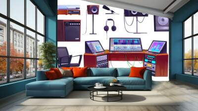 Cartoon set of sound recording studio equipment isolated on white background. Vector illustration of professional music mixer with buttons and wires, earphones, loudspeaker, microphone, record player Wall mural