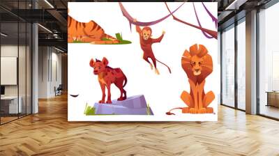 Cartoon wild animals tiger, monkeys, hyena, zebra and lion with ape. Jungle inhabitants predators and herbivorous in zoo park or safari outdoor area. Beasts in fauna, isolated vector illustrations set Wall mural