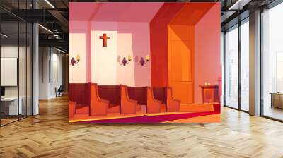 Catholic church interior with altar, wooden benches, tall arch window and candles. Vector cartoon illustration of cathedral inside, old room for religious praying with pulpit for priest Wall mural