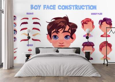 Caucasian boy face construction set isolated on white background. Vector cartoon illustration of male teenager avatar kit, young guy head, color eyes, eyebrows, nose, hairstyle, emotion on lips, hats Wall mural