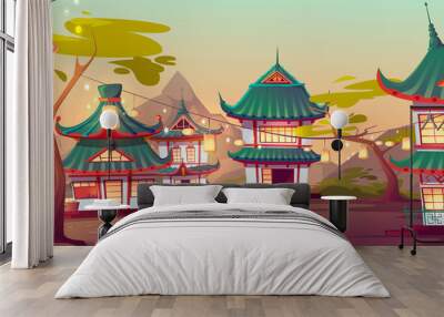 Chinese village street with old traditional typical houses and garland with lanterns hang on green trees. Ancient asian area surrounded with picturesque mountains landscape Cartoon vector illustration Wall mural