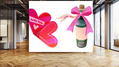 Chocolate Valentine day set with candy in gift box. Wine, sweet food present and cute ribbon element isolated on white background. Variety romantic surprise clipart for shopping and celebration Wall mural