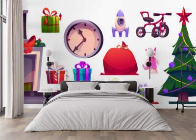 Christmas Santa Claus factory elements. Creation kit of xmas workshop with children toys and wrapped gift boxes, manufacturing automated conveyor belt and bag with presents, decorated tree and clock. Wall mural