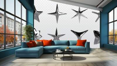 Chrome y2k stars of various shapes - 3d realistic vector illustration set of silver inflatable liquid metal abstract forms. Graphic design elements made of glossy steel or mercury with reflections. Wall mural