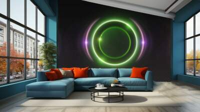 Circle light ring. Halo neon glow effect vector. Flare shine portal with magic energy in purple and green color. Space ball round frame. Radial orb design. Planet sparkle with lens on edge graphic Wall mural