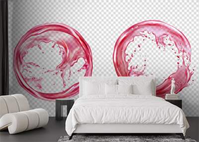 Circle splash of juice or pink water isolated on transparent background. Vector realistic set of liquid round flow of clear red drink, strawberry or berry juice, rose wine Wall mural