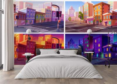 City street set at night and day time cartoon landscape. Urban modern landscape background with intersection on road, pavement and sidewalk. Neon light from store at sunrise and dusk. Wall mural