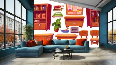 Classroom interior set, school or college class furniture, student desks and chairs, schedule board hanging and books in cupboard, objects of room for studying, Cartoon vector isolated illustration Wall mural