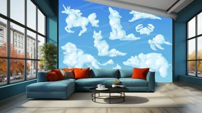 Cloud animals, cartoon fluffy eddies in shape of unicorn, bear, wolf and turtle with cat, fox and lion or duck with crab flying in blue sky, natural vector weather design elements, dreamlike creatures Wall mural