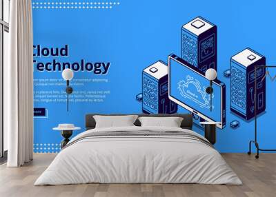 Cloud technology banner. Concept of digital information storage and network system. Vector landing page of internet service for access to server database with isometric icons of computer and hardware Wall mural