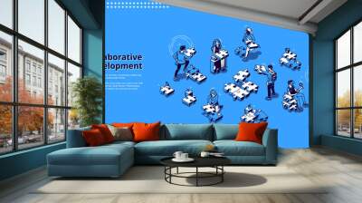 Collaborative development banner. Business concept of teamwork and partnership strategy. Vector landing page of collaboration in corporate office with isometric people and puzzle pieces Wall mural