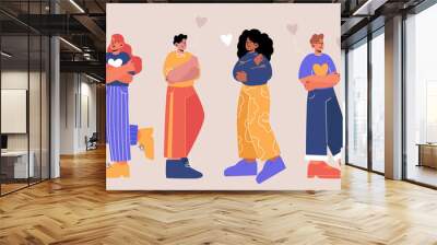 Concept of self love and care with happy people hug themselves. Vector flat illustration of diverse positive men and women with esteem and love to their body and mind Wall mural