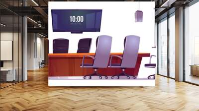 Conference room for business meetings, training and presentation in company office. Vector cartoon interior set for boardroom with table, chairs, screen and board isolated on white background Wall mural