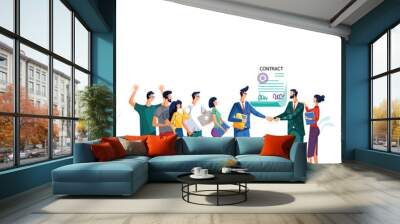 Contract conclusion and teamwork concept vector illustration. Satisfied businessmen shake hands against signed agreement with seal and signatures, their teams are behind them isolated on white Wall mural