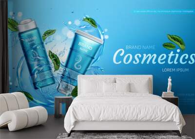 Cosmetic products in water splash with mint leaves. Vector realistic brand poster with shampoo and conditioner in blue tube for hair care. Promo banner, advertising background Wall mural