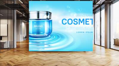 Cosmetics cream jar mock up banner with beauty skin care moisturize product tube on water surface. Cosmetic cream bottle package design background for magazine promo. Realistic 3d vector illustration Wall mural