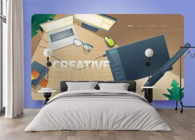 Creative time cartoon landing page, graphic designer workplace top view with digital tablet for painting, laptop, pc desktop, glasses, stationery and notepad on desk, work from home, Vector web banner Wall mural