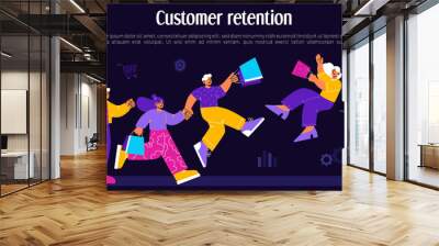 Customer retention, loyalty client attract banner. Vector landing page of business marketing strategy with flat illustration of man with magnet and people with shopping bags Wall mural