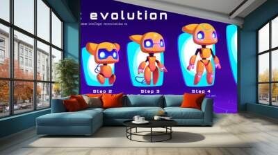 Cute ai robot character level evolution for game tech vector cartoon illustration. Future timeline upgrade computer technology for exoskeleton programming. Artificial intelligence humanoid companion Wall mural