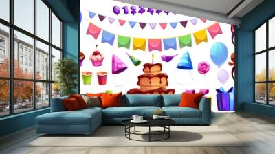 Cute birthday vector party element set with cake. Isolated ballon, hat, flar garland and candle number icon on white background. Surprise collection for fun kid celebration with chocolate dessert. Wall mural