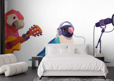 Cute funny parrot character musicians with instrument, microphone and headset for animal music band concept. Childish orchestra with birds play guitar, sing song with mic and listen to headphones. Wall mural