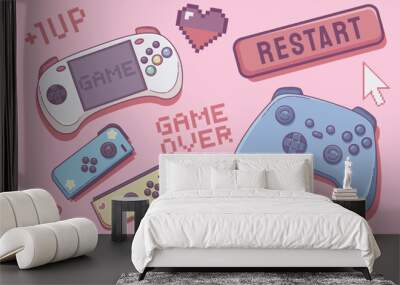 Cute kawaii video gamer girl retro vector set. 90s pixel print icon graphic. Y2k geek gamepad, joystick and gaming love aesthetic illustration collection. 2000s woman mobile console joy artwork Wall mural