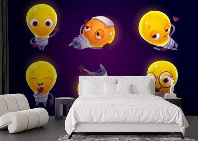 Cute light bulb character in different poses. Vector set of cartoon chat bot, funny lamp rises finger, feels headache, flirts, laughs and read book. Creative emoji set, smart mascot Wall mural