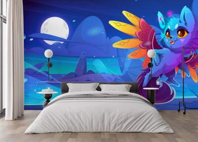 Cute monster cat on alien fantasy planet landscape. Cartoon funny fluffy character with fairy wings over background with glowing magic lake and rocks under full moon in night sky Vector illustration Wall mural